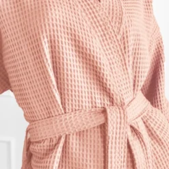 Bawełniany Szlafrok Kimono Gofer Wafel Uniseks Róż Pudrowy
