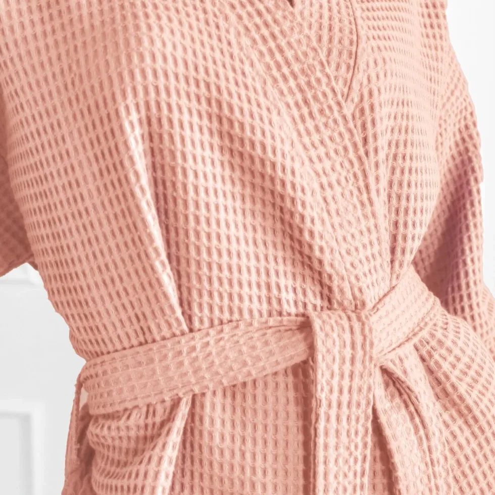 Bawełniany Szlafrok Kimono Gofer Wafel Uniseks Róż Pudrowy