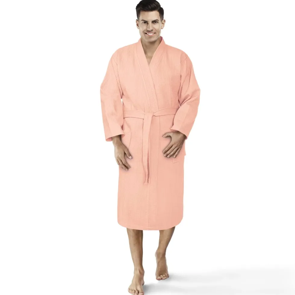 Bawełniany Szlafrok Kimono Gofer Wafel Uniseks Róż Pudrowy