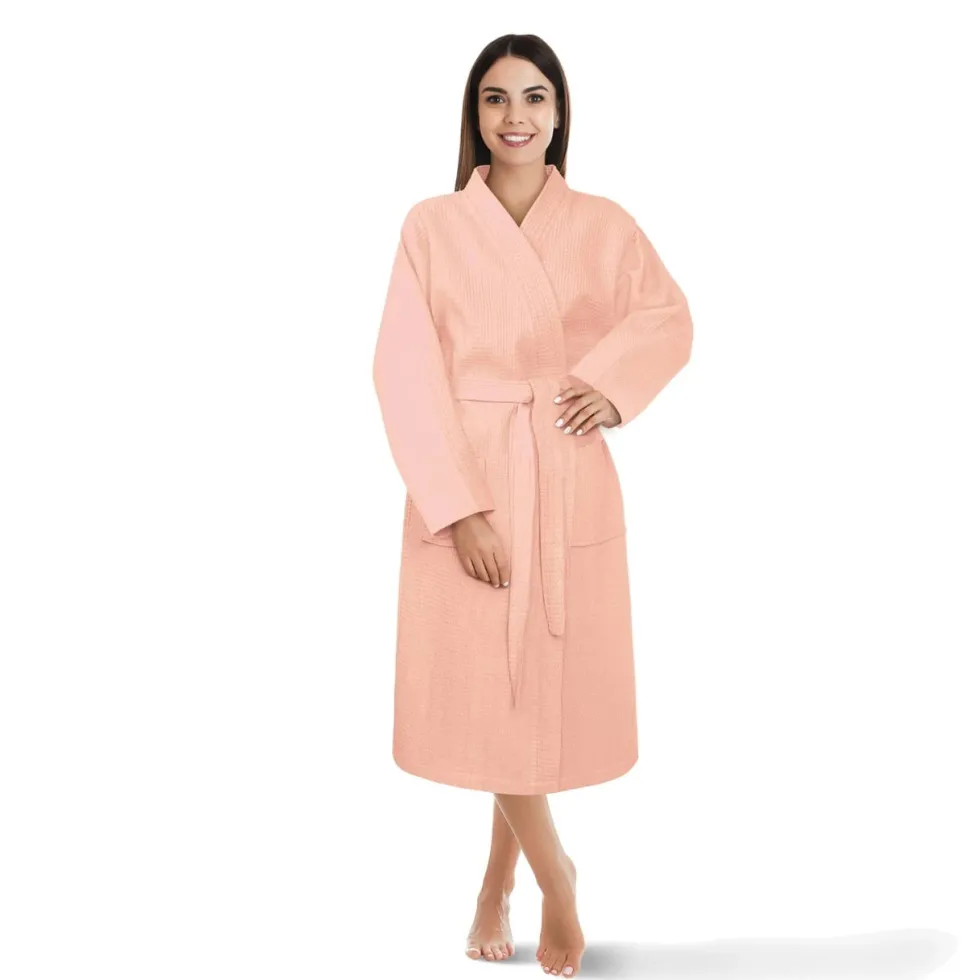 Bawełniany Szlafrok Kimono Gofer Wafel Uniseks Róż Pudrowy