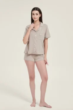 Damska Piżama Dwuczęściowa z Białą Bizą ELAN SHORT Taupe