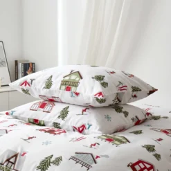 Pościel Świąteczna Satyna Bawełniana SKIING Biały