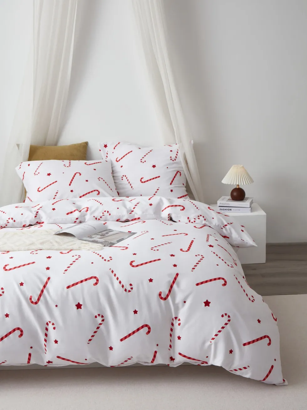 Pościel Świąteczna Satyna Bawełniana CANDYCANES Biały