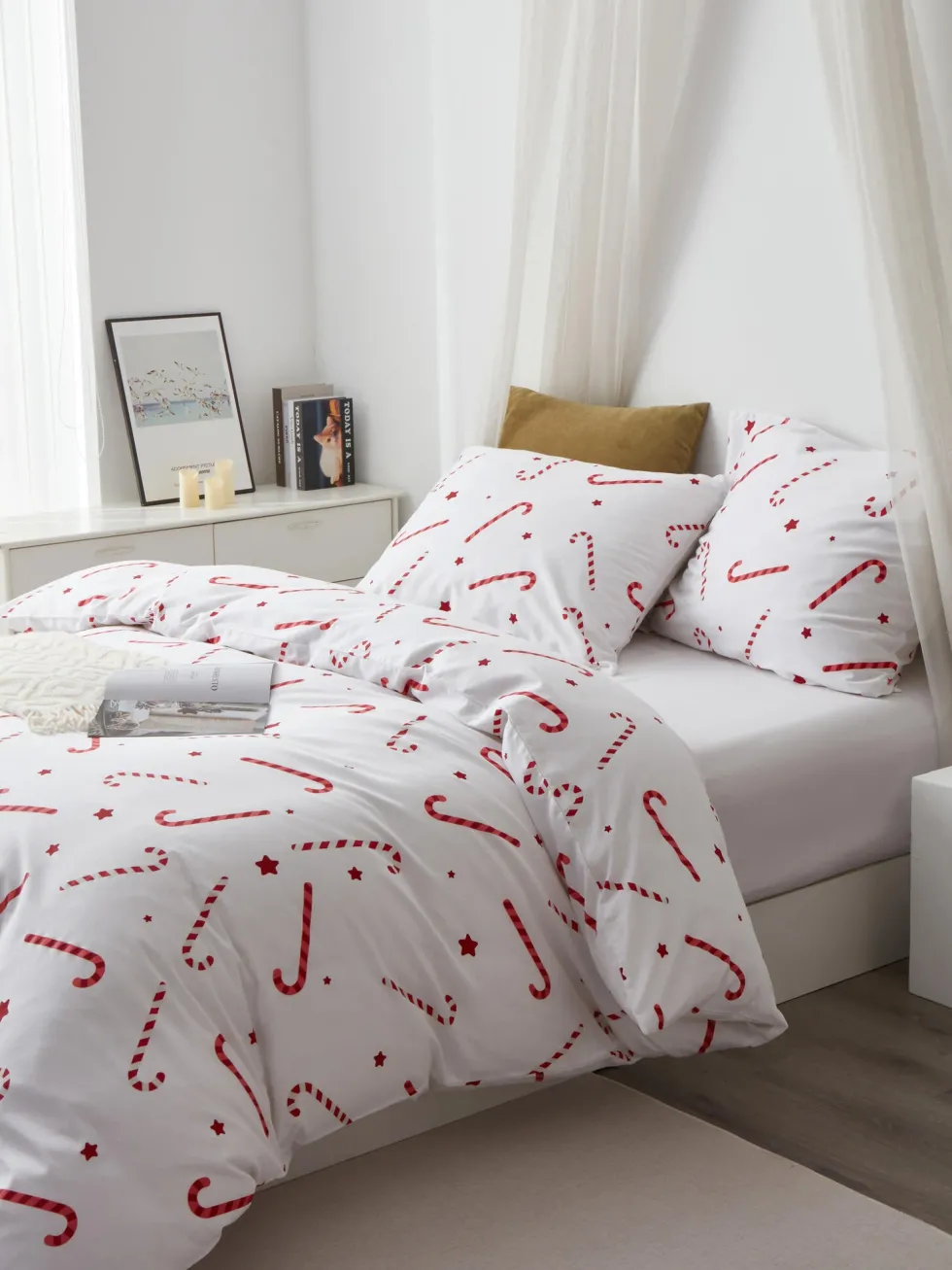 Pościel Świąteczna Satyna Bawełniana CANDYCANES Biały