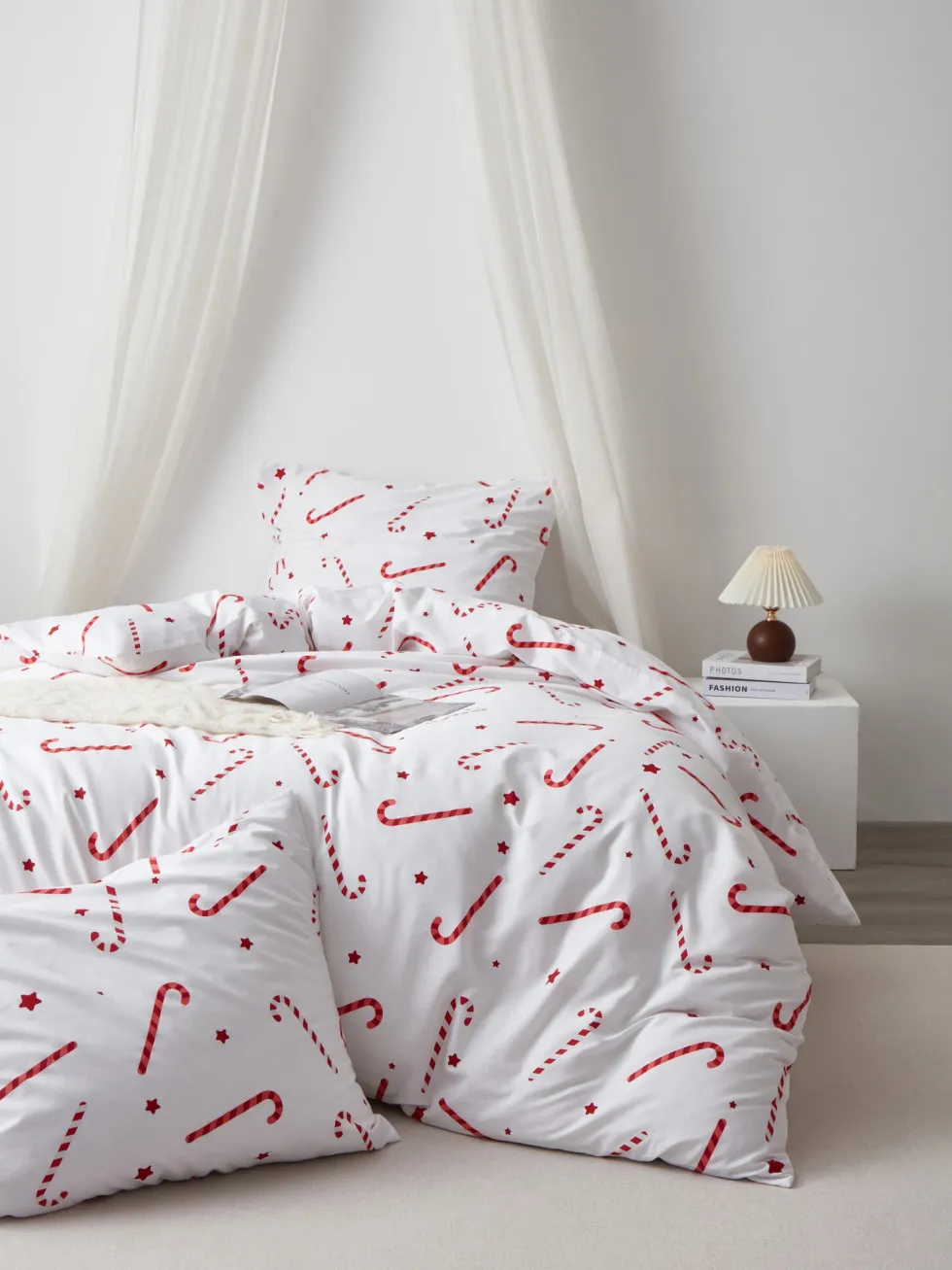 Pościel Świąteczna Satyna Bawełniana CANDYCANES Biały