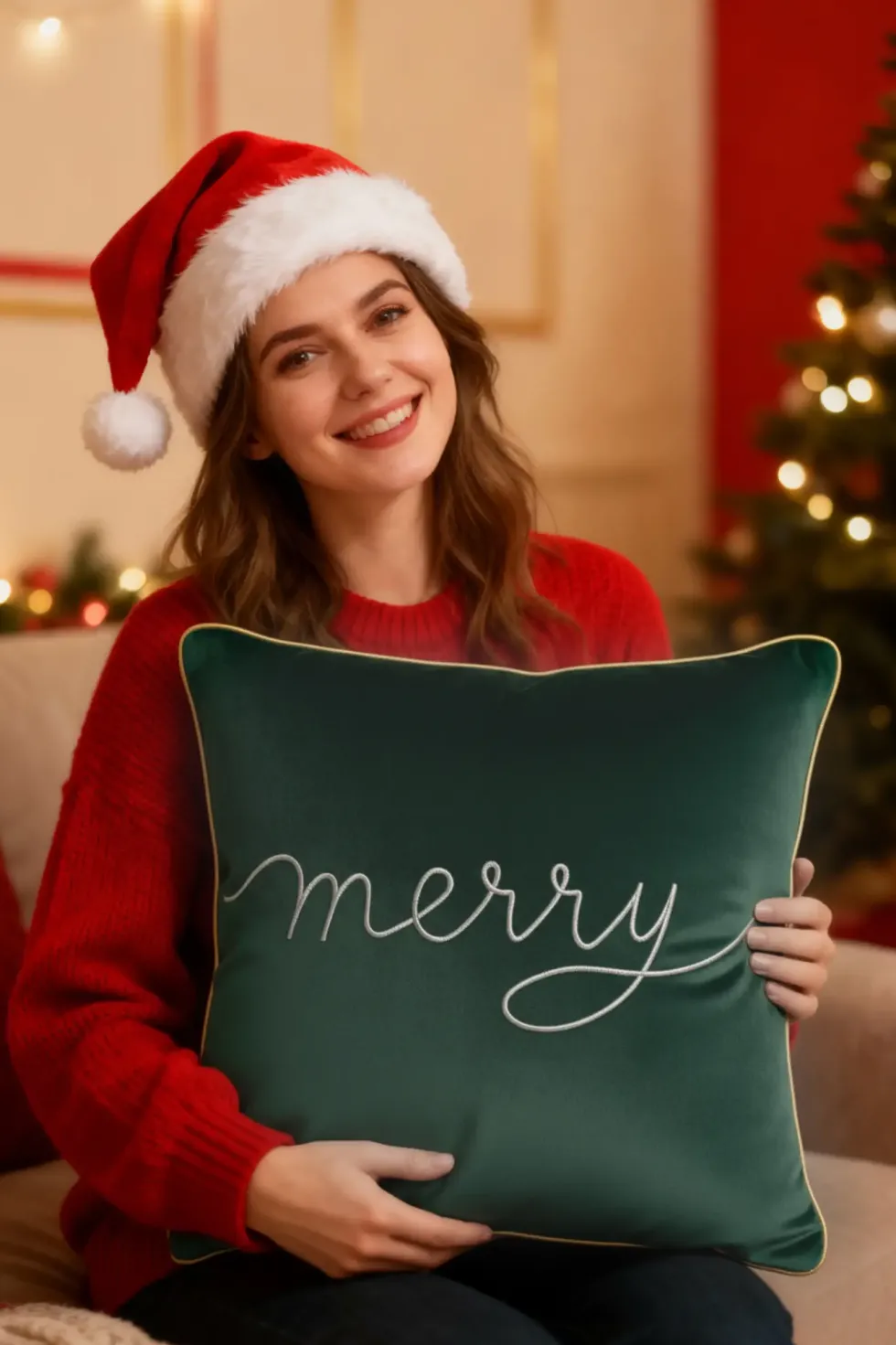 Poszewka Świąteczna MERRY z weluru Zieleń