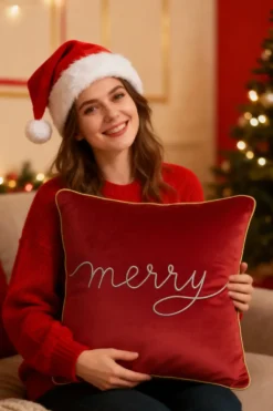 Poszewka Świąteczna MERRY z weluru Czerwony