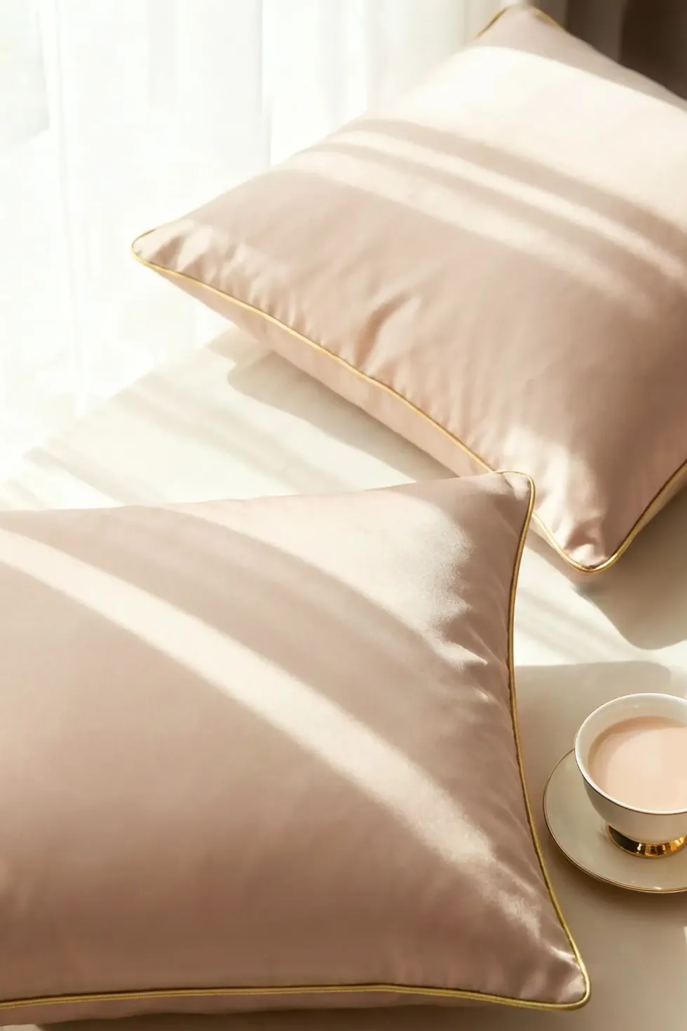 Satynowa Poszewka Queen Premium ze Złotą Lamówką Beżowy