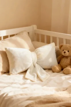 Welurowa poduszka świąteczna kokarda Kremowy