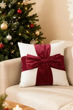 Welurowa Poszewka Świąteczna Christmas Bow Biały