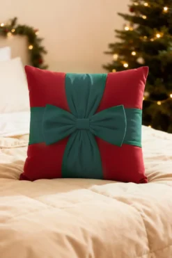 Welurowa Poszewka Świąteczna Christmas Bow Czerwony