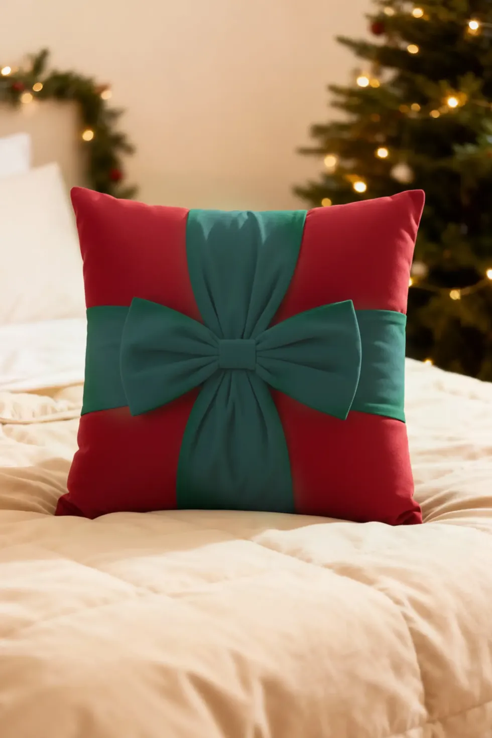 Welurowa Poszewka Świąteczna Christmas Bow Czerwony