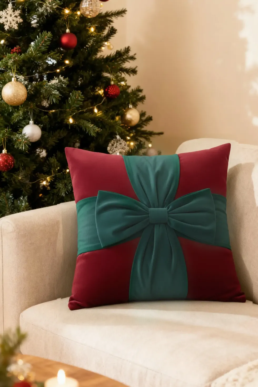 Welurowa Poszewka Świąteczna Christmas Bow Czerwony