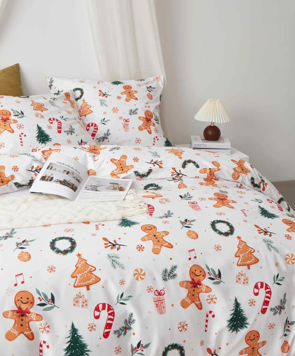 Świąteczna Pościel z Mikrofibry z Nadrukiem Gingerbread Biały